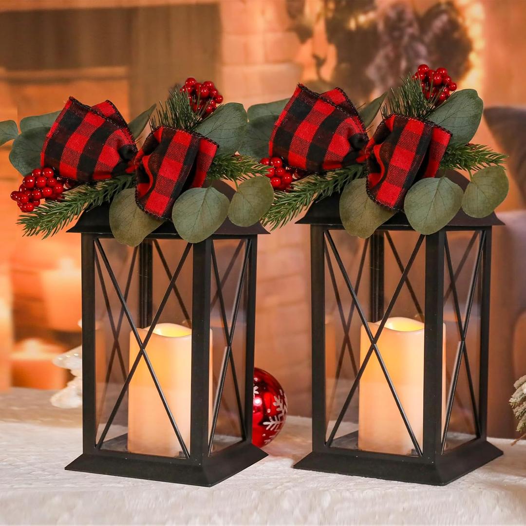 Christmas Lanterns Decorative Indoor, 2 Pack Christmas Lantern Outdoor, 12.5 Inch Decorative Candle Lanterns Flameless Light with Greenery and Bowknot for Table Centerpieces,Home, Porch Decor