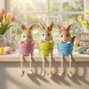 Amyhill Set of 3 Easter Home Decor Indoor, Resin Egg Bunny Figurines Shelf Sitters with Dangling Legs, Easter Table Fireplace Decor for Indoor Home, Spring Holiday Decorations