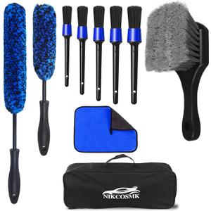 NIKCOSMK 10Pcs Wheel Brush Kit for Cleaning Wheel and Tire, Wheel and Rim Brush, Car Detailing Brushes, Tire Brush, Bendable & Durable Car Wheel Rim Cleaner Brush Set,Car Cleaning Brush Supplies Kit (Blue)