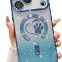 for iPhone 17 Pro Case, Glitter Clear Cute Paw Love Heart, Compatible with MagSafe, Strong Magnetic Full Camera Lens Protection Cover, Soft Slim Bling Phone Case 6.3" - Blue