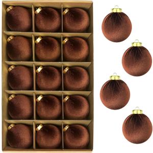 Brown Velvet Balls Ornaments for Christmas Tree 15 PCS, Big Shatterproof Neutral Christmas Bulbs Ornaments Set-Decorative Hanging Baubles, Flocked Classic Decorations for Holiday(Dark Brown,3.15 Inch)