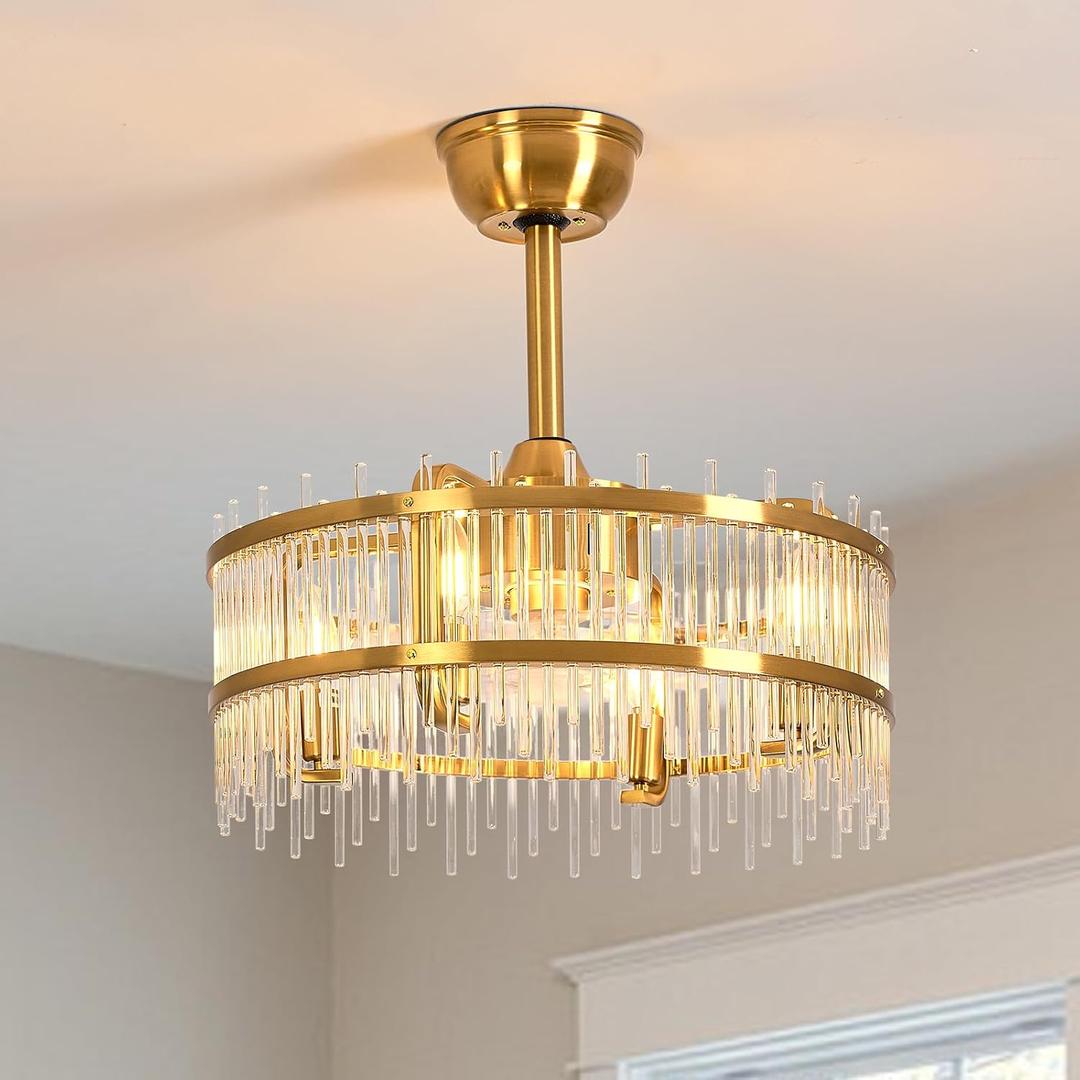 Gold Fandelier Caged Ceiling Fans with Lights, 20" Modern Crystal Chandelier Ceiling Fan with Light Remote Control Reversible Motor 6 Speeds for Bedroom, Living Room