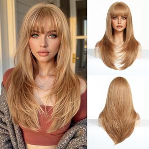 Esmee Long Straight Ombre Blonde hair Bangs Layered wig for Women Breathable Comfortable Natural Realistic Women Party Wigs Use-24 Inches (Strawberry Blonde(6344-8))