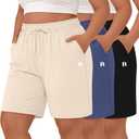 Neer 3 Pack Women's Plus Size Shorts Bermuda Cotton Drawstring High Waisted Casual Athletic SweatShorts with Pockets  (XX-Large, Black, Denim Blue, Beige)