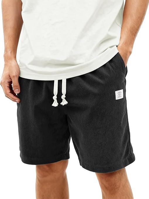 Men's Corduroy Shorts Casual 7 Inch Elastic Waist Drawstring Lightweight Summer Beach Shorts with Pockets Black (Black, S)