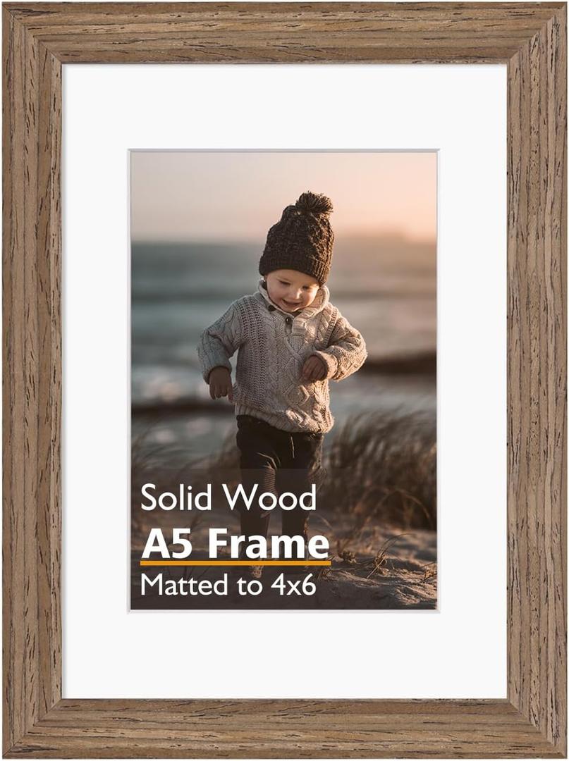 KINLINK A5 Picture Frame, Brown Wood Solid Wood Frame with Acrylic Plexiglass for Pictures 4x6 with Mat or A5 without Mat, Tabletop and Wall Mounting Display Photo Frame 1 Pack