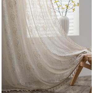 Sutuo Home Crochet Boho Curtains Rose Florals Embroidery, Sheer Lace Handmade Tassels Knitted Window Treatment Vintage Rustic Bohemian Farmhouse Drape for Bedroom Rod Pocket 1 Panel 59" W x 84" L