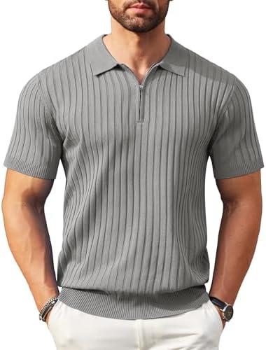 COOFANDY Men's Zipper Polo Shirts Short Sleeve Ribbed Knit Polo T Shirts Fashion Casual Golf Shirts, Size 2XL