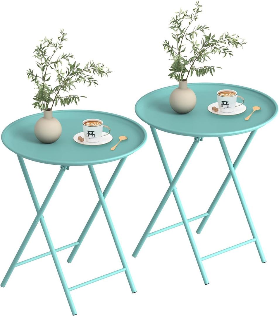 Garden 4 you Folding TV Tray Table, Metal Round Side Table, Green Dinner Table with Metal Frame, Modern Outdoor Tray Table for Living Room, Bedroom, Patio & Small Spaces, 2 Packs