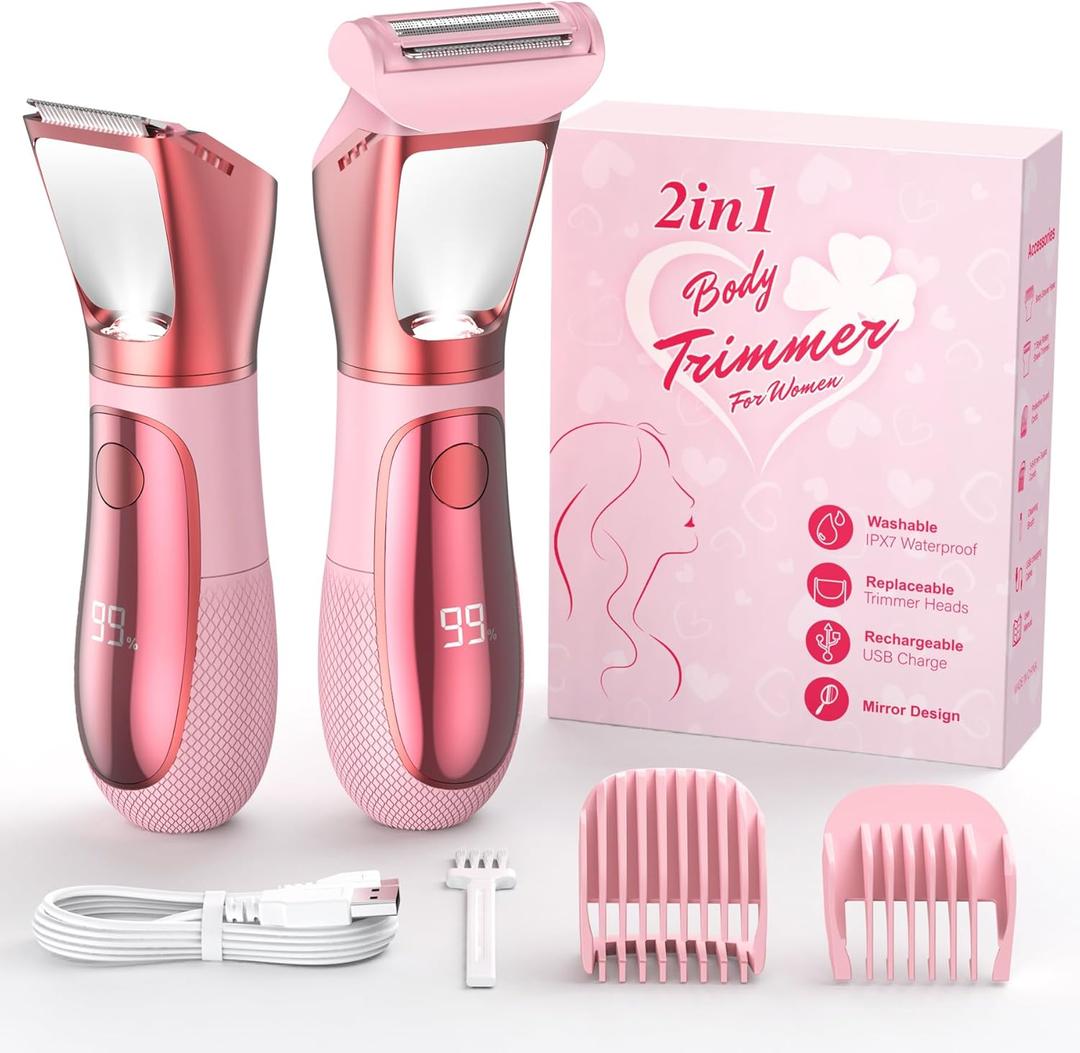 Bikini Trimmer for Women, 2 in 1 Electric Razors Shaver, IPX7 Waterproof Body Hair Trimmer with Mirror, LED Light & Display, Painless Pubic Hair Removal, Pink