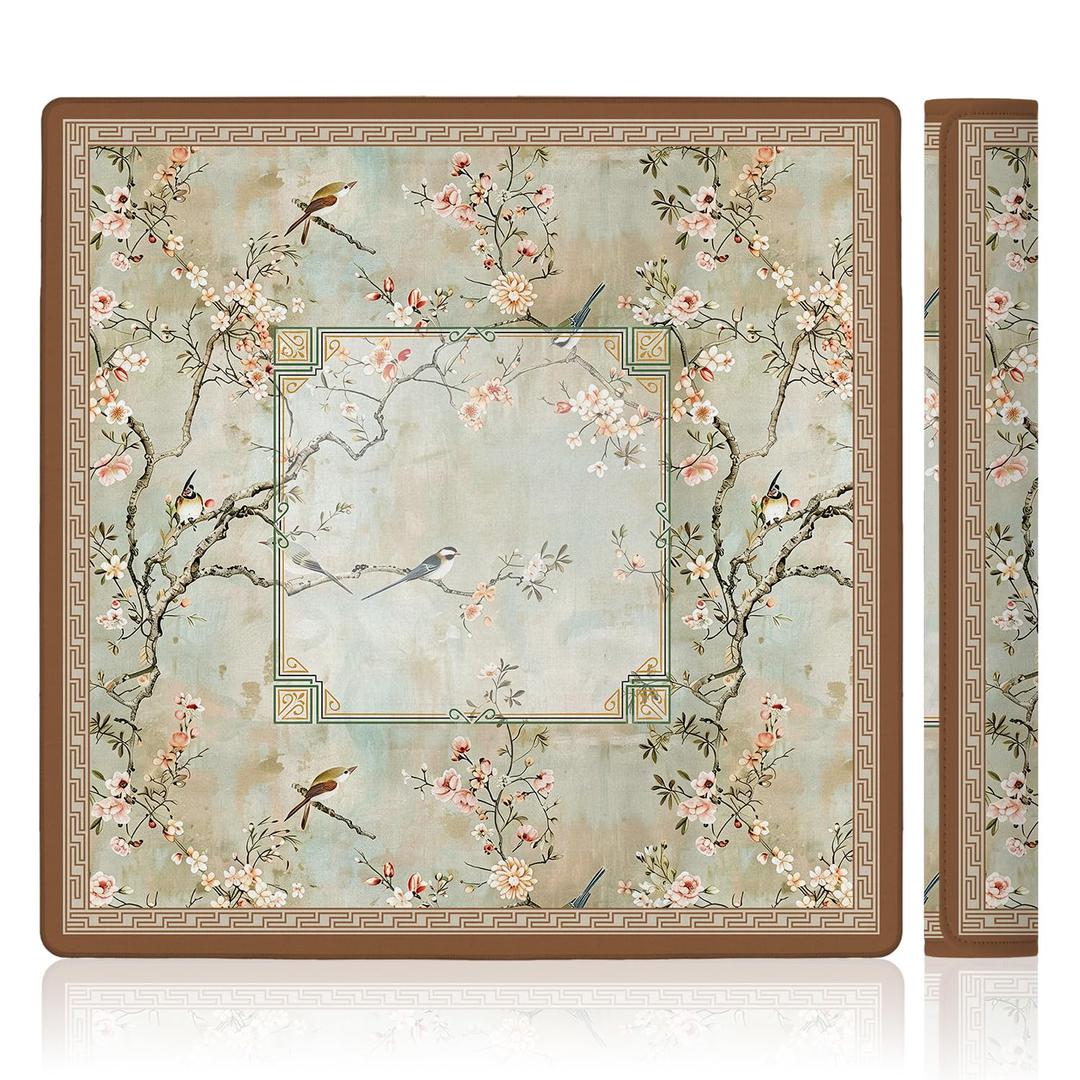 LZYRF Vintage Chinoiserie Cherry Blossom Mahjong Mat 31.5 x 31.5 in, Cottagecore Botanical Floral Bird Anti Slip and Noise Reduction Game Table Cover for Mahjong Dominoes Card Board Tile Games