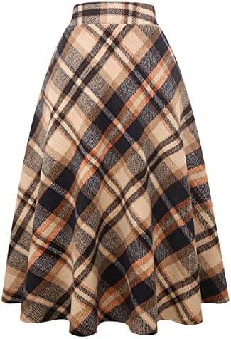 IDEALSANXUN Womens Plaid Wool Skirts Elastic Waist A-Line Pleated Tartan Long Skirts, Large