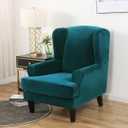 MIFXIN Wingback Chair Slipcover 2-Piece Velvet Stretch Wing Chair Slipcovers with Cushion Cover Removable Washable Armchair Sofa Furniture Protector for Living Room (Teal)