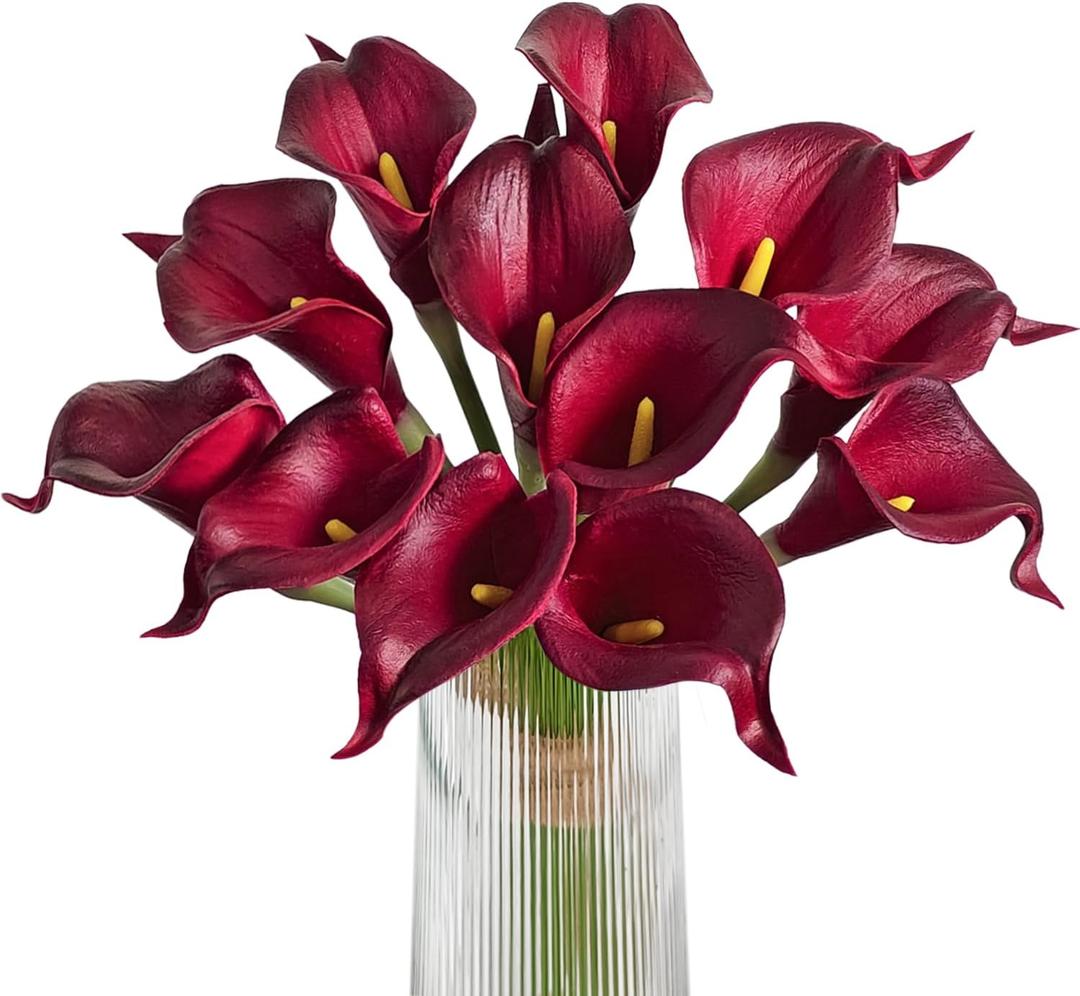 Letjolt Artificial Calla Lily Red Flowers 12Pcs for Wedding Bouquet Home Decoration Faux Calla Lilies Flower, Dark Red