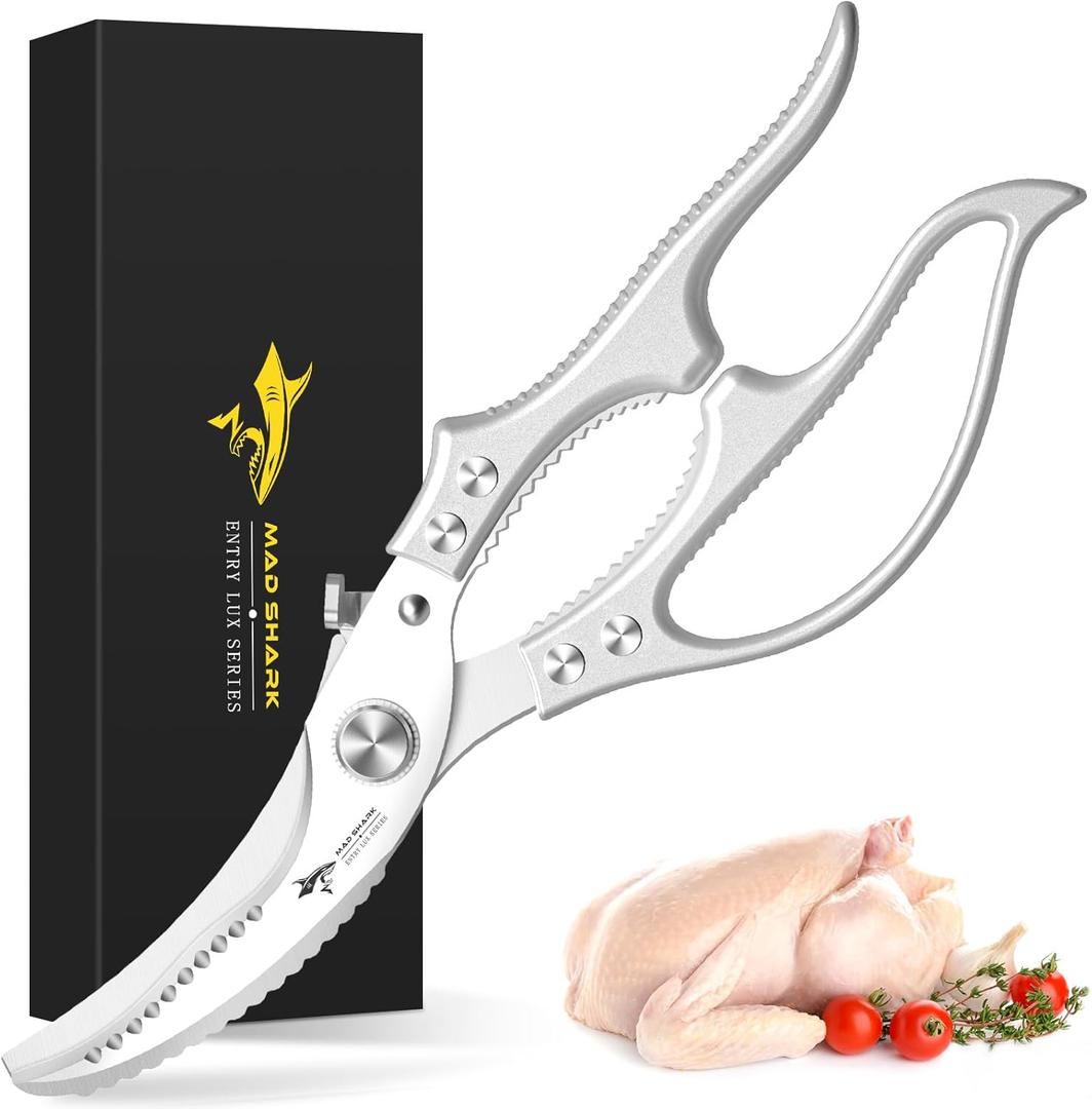 MAD SHARK Heavy Duty Poultry Shears, Kitchen Shears with Non-Slip Handle & Safety Lock, All Purpose Kitchen Scissors for Chicken, Meat Cutting, Turkey, Fish, Vegetables, Spring Loaded, Dishwasher Safe (Silver)