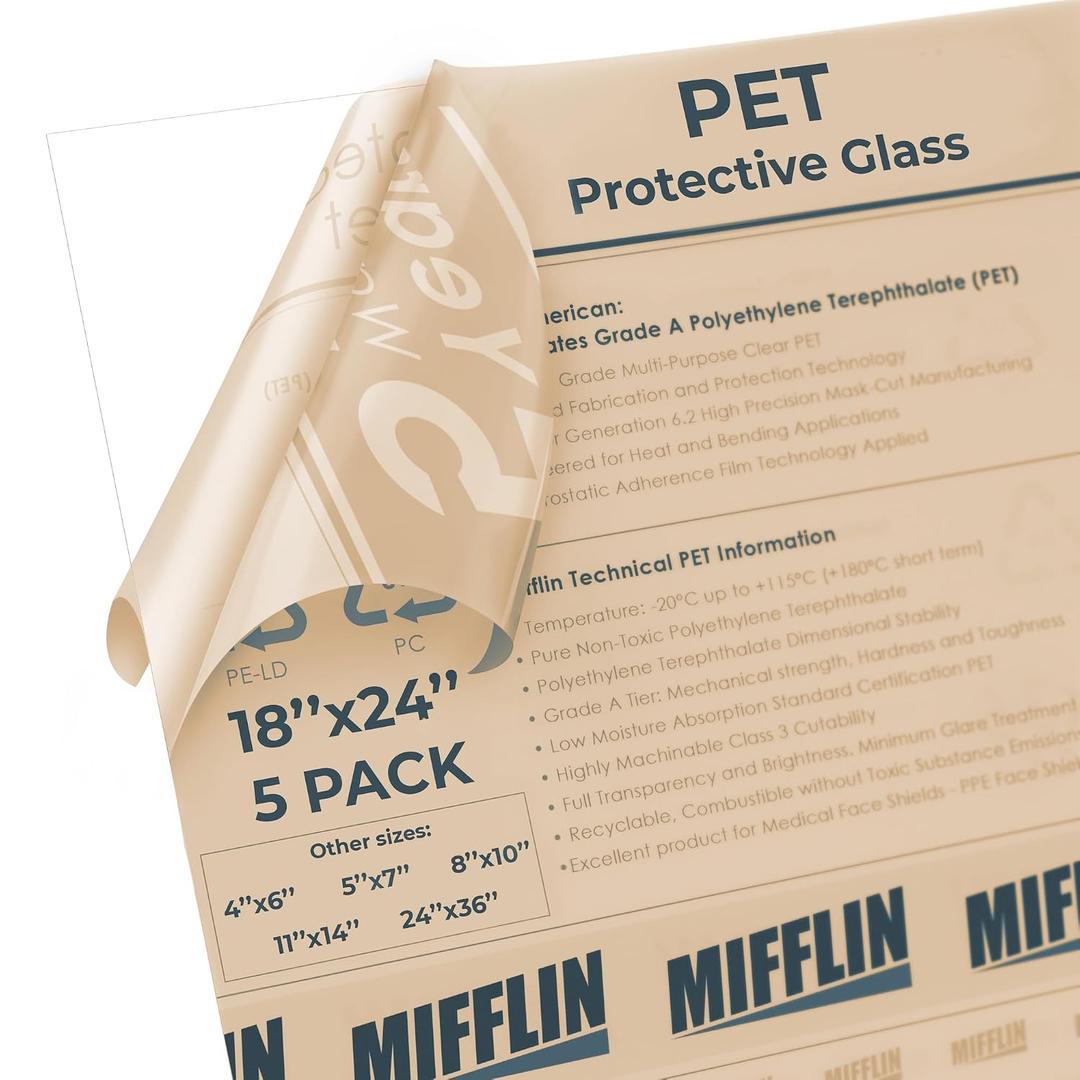 Mifflin-USA Flexible Clear Plastic Sheet (18x24 x 0.03 inch, 5 PK), PET is Similar to Plexiglass & Acrylic Yet Lightweight & Thin, Poster Frame Glass Replacement, General Household Use, Easy Cut