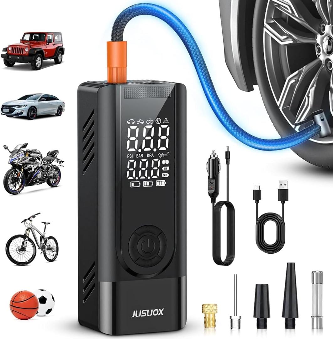 Tire Inflator Portable Air Compressor, Battery & 12V DC Dual Power Air Pump for Car Tires, 150PSI Cordless Bike Tire Pump with Digital Pressure Gauge, LED Light, for Motorcycle, Ball