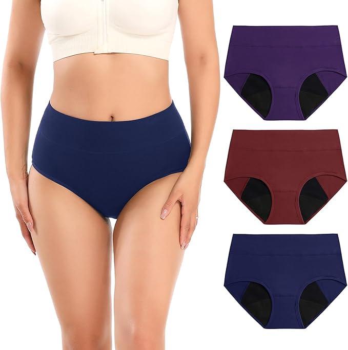 Molasus Incontinence Underwear for Women High Absorbency Period Leakproof Cotton Underwear Heavy Flow Menstrual Protective Panties Bladder Control Briefs 3 Pack,Multicolor,Large