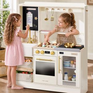 Tiny Land Wooden Play Kitchen with 2-in-1 Bistro Play, 39.3 x 12.3 x 31.8 inches