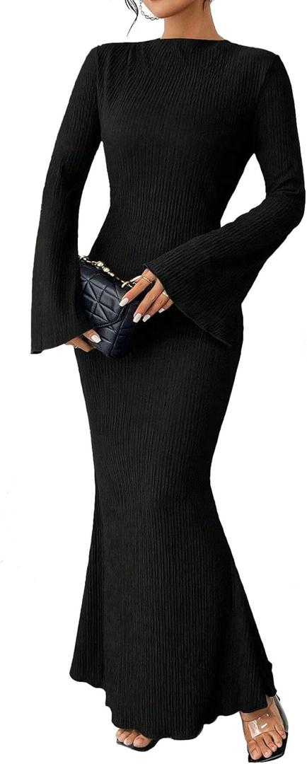 Narecte Fall Dresses for Women 2025 Maxi Dresses Solid Color Boho Dress Flare Sleeve Bodycon Dress (Small, Black)