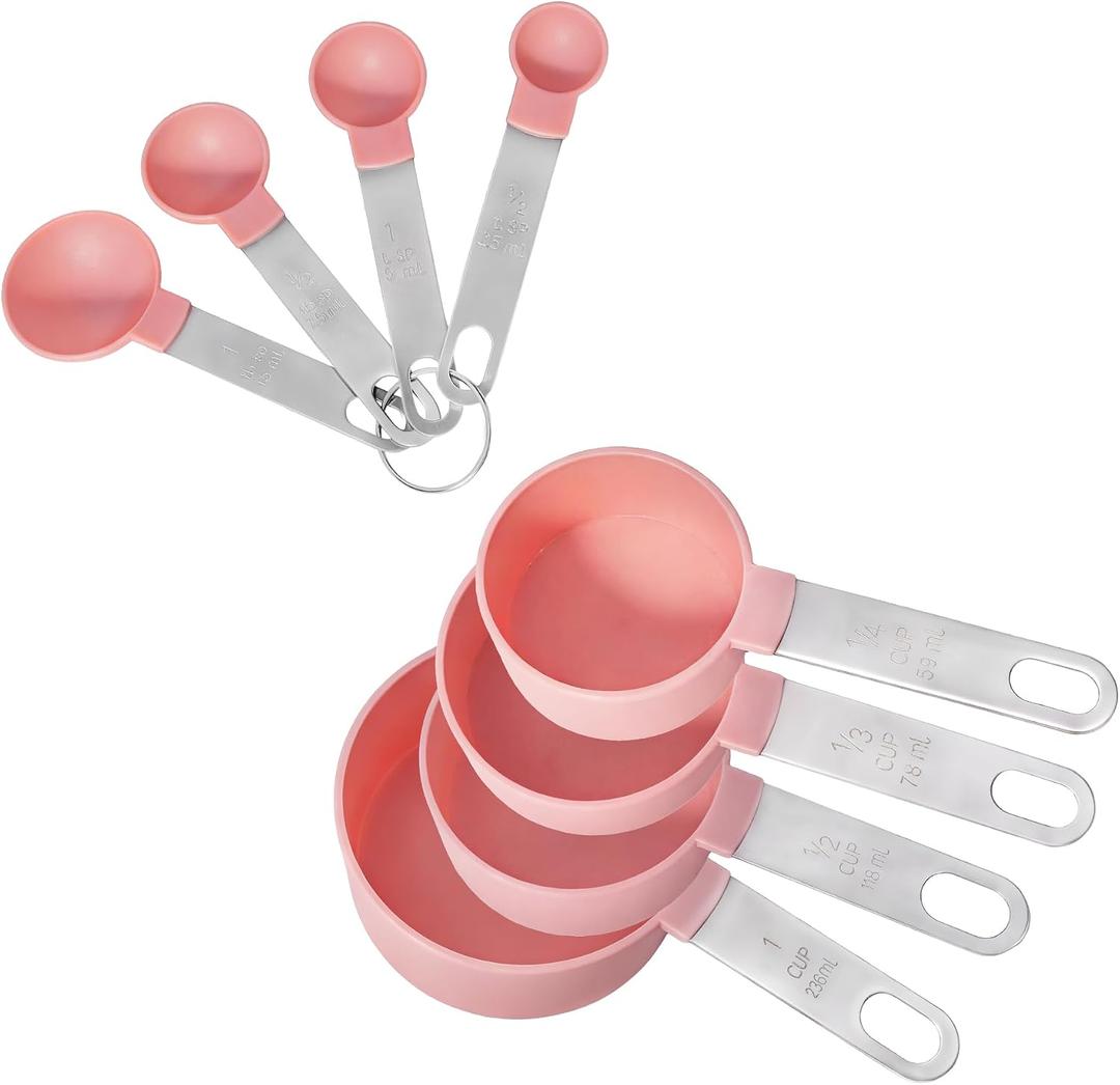 Set of Plastic Measuring Cups and Spoons with Stainless Steel Handles, 8 Piece Nesting Measure Spoon Set with Metric and US Measurements, Fits for Measuring Dry and Liquid Dishwasher Safe