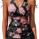 Women Two Piece Tankini Halter Padded Adjustable Drawstring Swimsuit with Boyshorts (Large, Floral Print)