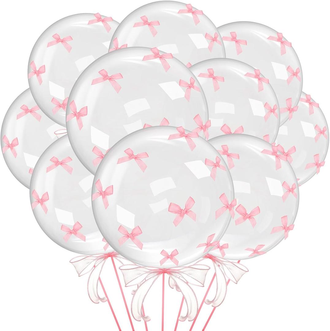 Gejoy 10 Sets 20in Pink Balloons with Bows Coquette Birthday Party Decorations with Bows Ribbon Clear Bobo Balloons for Wedding Bachelorette Coquette Party Engagement Bridal Baby Shower Decor