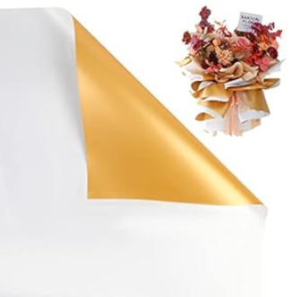 CCINEE 20 Sheets Double Sided Golden Flower Wrapping Paper Waterproof Fresh Flower Packing Material Florist Bouquet Supplies DIY Craft Gift Packing, White+Gold