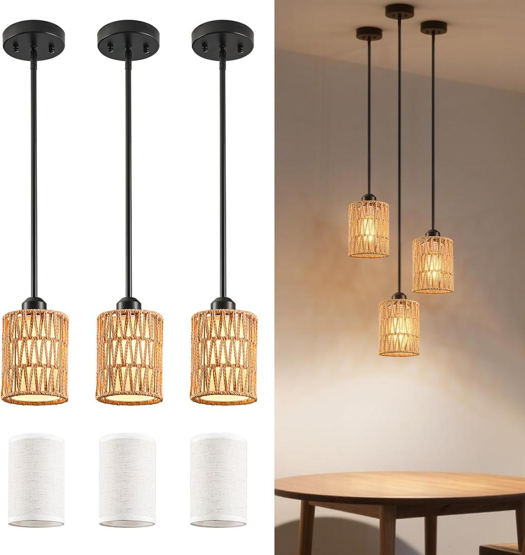 Rattan Pendant Light 6 Inch 2-in-1 Boho Hanging Fixture with Iron Rods & Linen Shade, Adjustable Height & Sloped Ceiling Compatible for Kitchen Island Dining Room Farmhouse Bedroom, 3 Pack