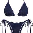 ZAFUL Bikini Sets for Women Halter Two Piece Swimsuit Ribbed High Cut Tie Side Thong Bathing Suit Sexy Padded Swimwear (Blue, L)