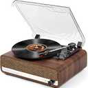 Vinyl Record Player with Speakers,3 Speed Turntable with Bluetooth, Aux, Headphone Jack, RCA Output and Auto Stop,Mirror Vintage Wooden (Walnut)