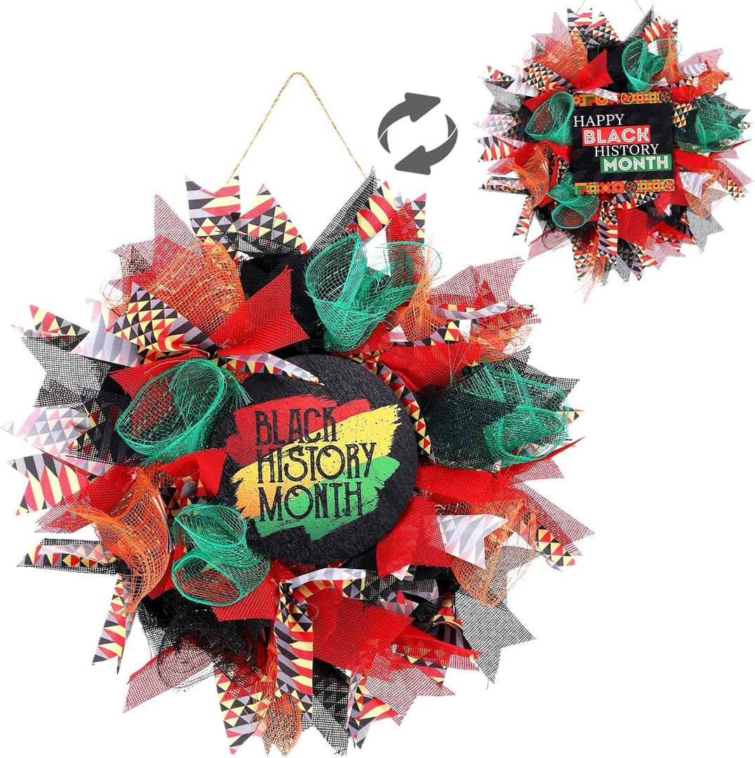 2 Pcs 14 Inch Black History Month Wreath for Front Door Black History Month Door Decoration Four Colors Burlap Bow Wreath for Independence Kwanza African American Freedom Party Supplies