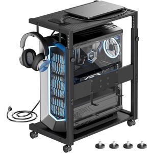 JANE EYRE Computer Tower Stand - Adjustable PC Tower Stand CPU Holder Cart with Charging Station for Office Home Classroom,23.03"-28.3" H, black