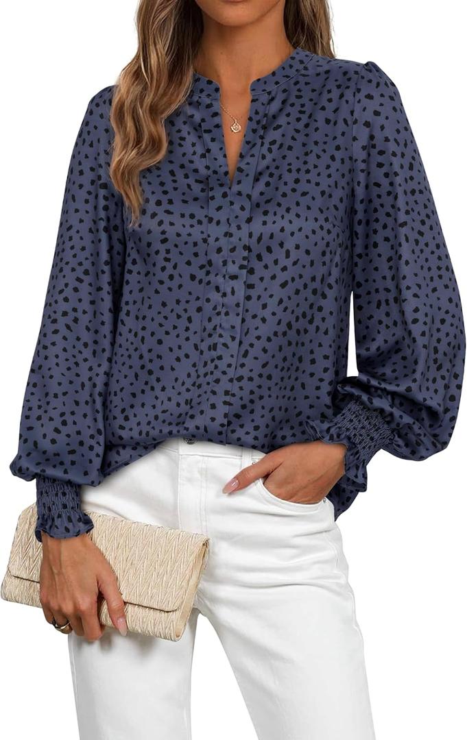 MASCOMODA Womens Boho Floral Long Sleeve Tops Fall Fashion 2025 V Neck Loose Chiffon Work Blouses Dressy Casual Ruffle Shirts (Large, Floral Grey Blue)