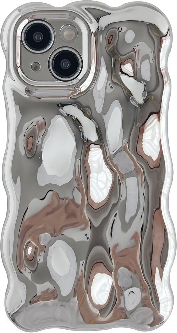 Caseative for iPhone 15 Case,Water Ripple Wave Meteorite Bubble Chrome Plating Electroplated Candy Phone Case (Silver)