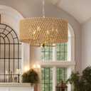 20" Large Boho Rattan Chandeliers for Dining Room, 6-Light Rattan Hand-Woven Drum Wicker Farmhouse Chandelier Large Vintage Chandelier Pendant Light Fixture for Kitchen Island Entryway(Gold)