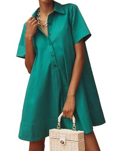 JEIBKOUY Women's Short Sleeve Swing Tunic Mini Dress Button Up Blouse Shirt Summer Loose Casual Flowy A Line Short Dresses Green L