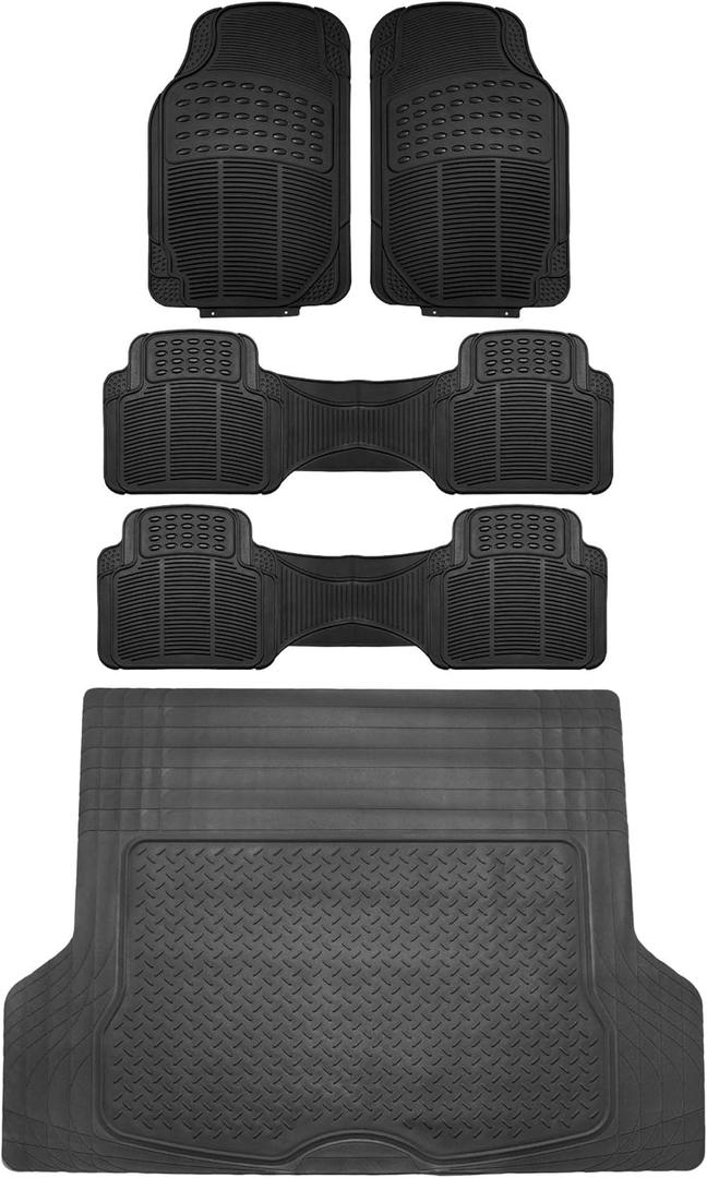 FH Group Climaproof Trimmable Non-Slip Vinyl Floor Mats 3 Row Set - Universal Fit for Cars Trucks and SUVs (Black) F11306 + F16400