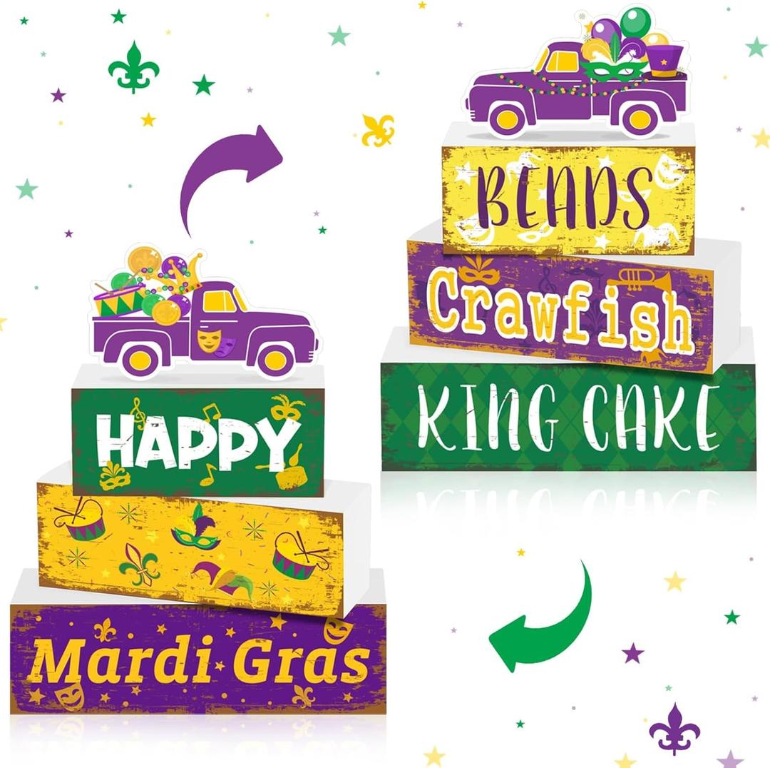 4 Pcs Mardi Gras Wooden Table Decorations Mardi Gras Centerpieces Table Decorations Rustic Tiered Tray Shelf Office Carnival Decor Home Party Supplies Decor