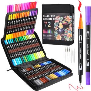 Dual Tip Markers, Double Brush Art Markers Set with Fine Tip and Brush Tip for Adult Coloring Book, Hand Lettering, Calligraphy & Drawing, Art Supplies Kit for Kids and Adults (72 Colors)