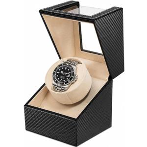 Automatic Single Watch Winder for Rolex and Other Luxury Watches - Premium Black Carbon Fiber Leather, Japanese Quiet Motor, Battery Powered or USB Powered, Gift for Men & Women