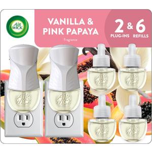 Air Wick Plug In Scented Oil Starter Kit, 2 Warmers + 6 Refills, Vanilla & Pink Papaya, Essential Oils, Air Freshener (8 Piece Set)