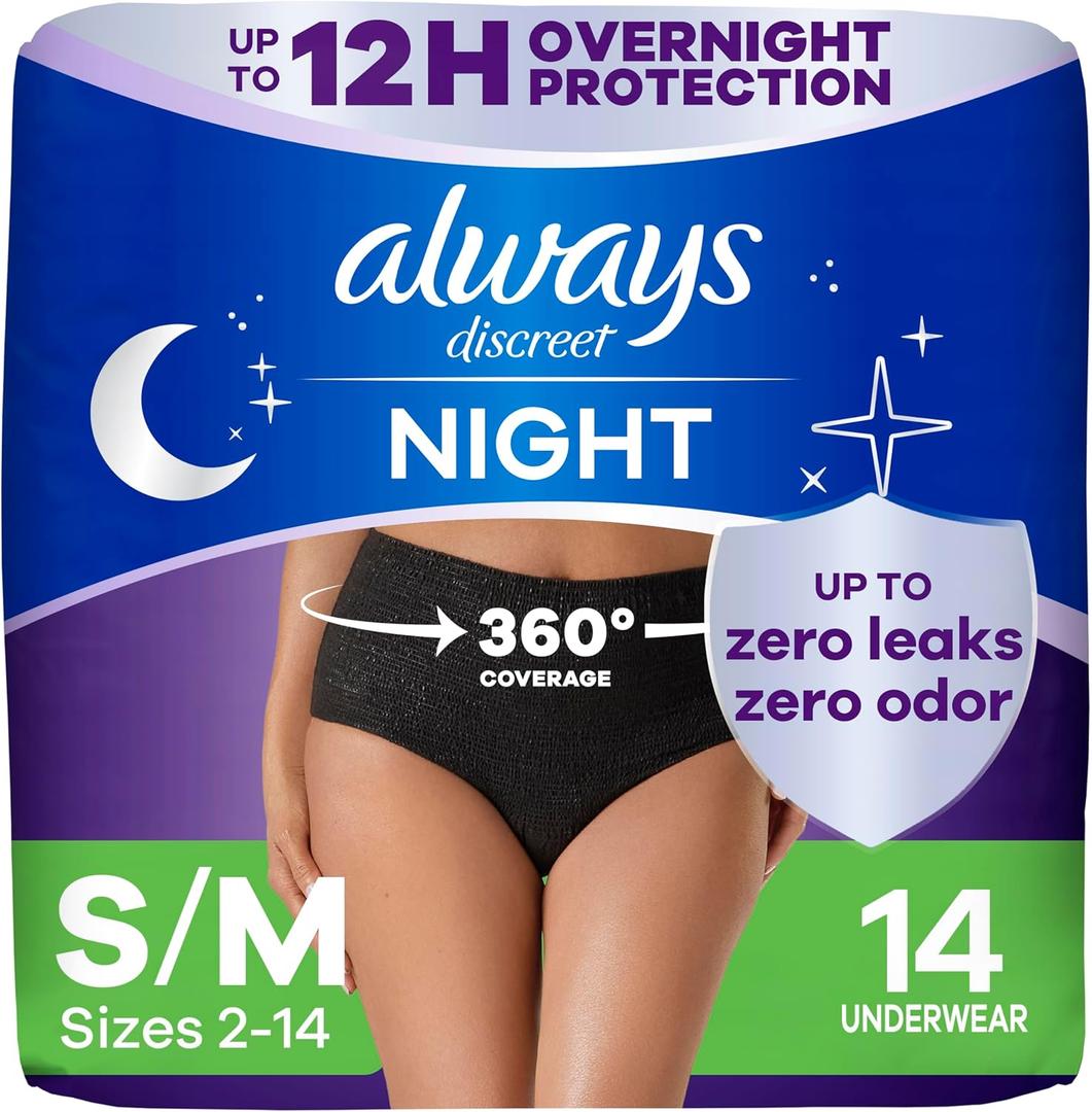 Always Discreet Adult Incontinence Overnight Underwear for Women, Small/Medium, Up to 100% Bladder Leak Protection, 14 Count