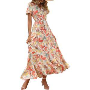 PRETTYGARDEN Women's Boho Floral Maxi Dress Summer Short Sleeve Wrap V Neck Long Flowy Beach Vacation Wedding Guest Dresses, XLarge