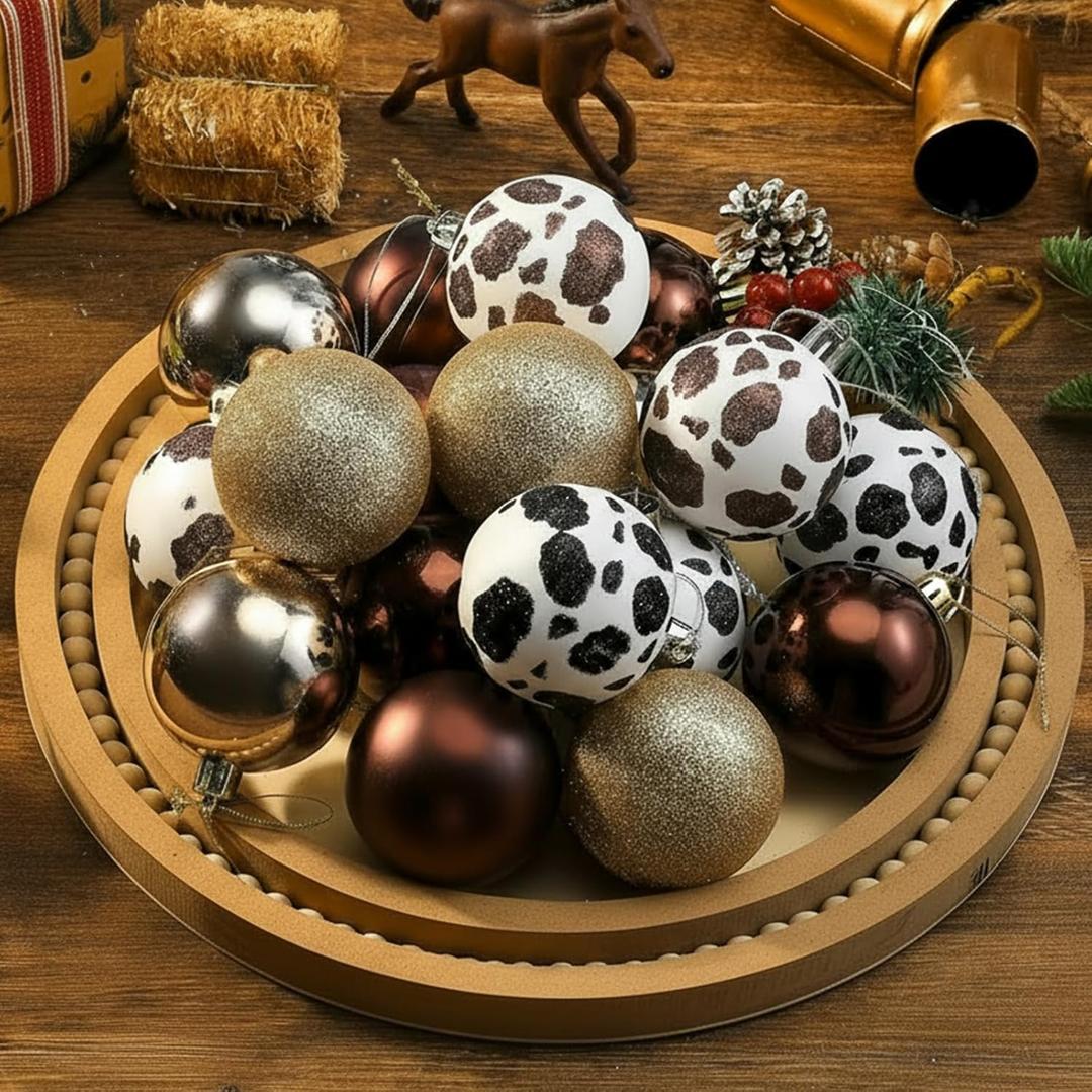 Soulchen 18 Pcs Cowhide Printed Christmas Ball Ornaments 2.4 Inch Western Cow Hanging Ornaments Plastic Brown Cow Print Decorations for Xmas Tree Rustic Decor Farm Supplies Birthday Gift