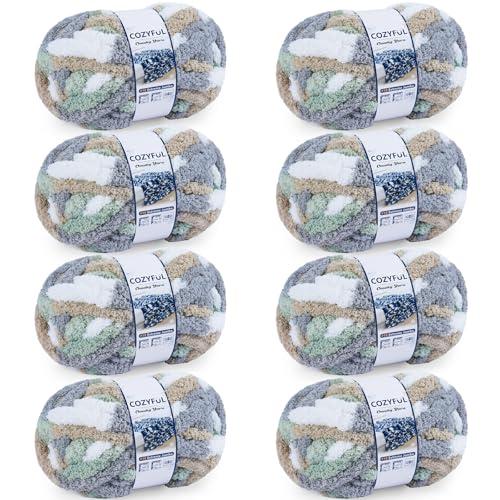 Cozyful Chunky Yarn for Hand Knitting - #10 Chunky Chenille Blanket Yarn, Jumbo Big Thick Chunky Yarns for Crocheting, Tie Dye Bulky Knit Yarns, 8 Skein (25 yds 8 oz Each Skein), Cream&Sage&Grey&Khaki