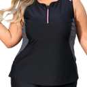 Angel season Plus Size Tankini Swimsuits for Women Zippered Two Piece with Shorts XXXL (Black Pink)