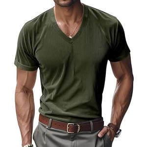 TAFLE Mens T Shirts Summer Short Sleeve V Neck T-Shirt Casual Corduroy Shirt Fitted Tee Shirt L