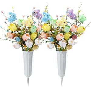 Thiccywoov 2 Set Easter Cemetery Flowers for Grave with Vase Artificial Bunnies Eggs Berries Tulips Bouquet Graveyard Memorial Flowers for Easter Cemetery Headstones Decoration (Multi Color)