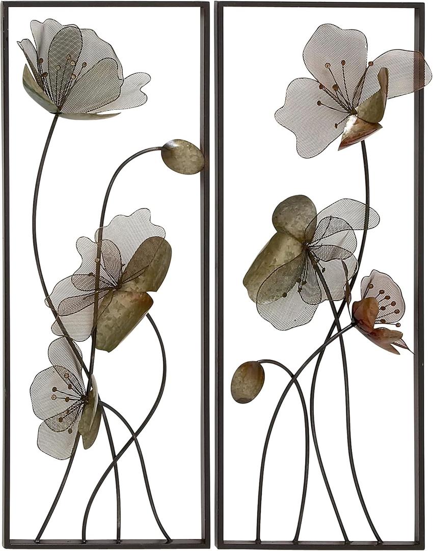 Deco 79 Metal Floral Home Wall Decor Wall Sculpture with Green and Orange Accents,Wall Art 14" x 4" x 36", Black
